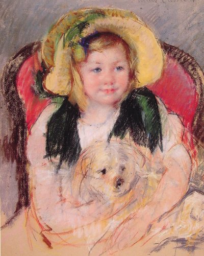 アームチェアに犬を連れたサラ 作： Mary Cassatt